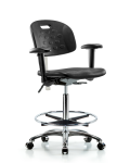 Class 100 Newport Industrial Polyurethane Clean Room Chair - High Bench Height with Adjustable Arms, Chrome Foot Ring, & Casters in Black Polyurethane CLR-HPHBCH-CR-T0-A1-CF-CC-BLK