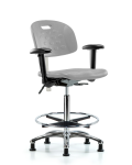 Class 100 Newport Industrial Polyurethane Clean Room Chair - High Bench Height with Adjustable Arms, Chrome Foot Ring, & Stationary Glides in Gray Polyurethane CLR-HPHBCH-CR-T0-A1-CF-RG-GRY