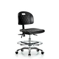 Newport Industrial Polyurethane Chair Chrome - Medium Bench Height with Chrome Foot Ring & Casters in Black Polyurethane HPMBCH-CR-T0-A0-CF-CC-BLK