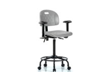Newport Industrial Polyurethane Chair with Round Tube Base - High Bench Height with Seat Tilt, Adjustable Arms, & Casters in Gray Polyurethane HPHBCH-RT-T1-A1-RC-GRY