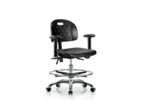 Newport Industrial Polyurethane Chair Chrome - Medium Bench Height with Adjustable Arms, Chrome Foot Ring, & Casters in Black Polyurethane HPMBCH-CR-T0-A1-CF-CC-BLK