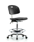 Class 10 Newport Industrial Polyurethane Clean Room Chair - High Bench Height with Chrome Foot Ring & Casters in Black Polyurethane CLR-HPHBCH-CR-T0-A0-CF-CC-BLK