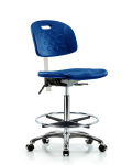 Class 10 Newport Industrial Polyurethane Clean Room Chair - High Bench Height with Chrome Foot Ring & Casters in Blue Polyurethane CLR-HPHBCH-CR-T0-A0-CF-CC-BLU
