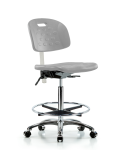 Class 10 Newport Industrial Polyurethane Clean Room Chair - High Bench Height with Chrome Foot Ring & Casters in Gray Polyurethane CLR-HPHBCH-CR-T0-A0-CF-CC-GRY