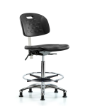 Class 10 Newport Industrial Polyurethane Clean Room Chair - High Bench Height with Chrome Foot Ring & Stationary Glides in Black Polyurethane CLR-HPHBCH-CR-T0-A0-CF-RG-BLK