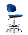 Class 10 Newport Industrial Polyurethane Clean Room Chair - High Bench Height with Chrome Foot Ring & Stationary Glides in Blue Polyurethane CLR-HPHBCH-CR-T0-A0-CF-RG-BLU