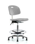 Class 10 Newport Industrial Polyurethane Clean Room Chair - High Bench Height with Chrome Foot Ring & Stationary Glides in Gray Polyurethane CLR-HPHBCH-CR-T0-A0-CF-RG-GRY