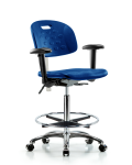 Class 100 Newport Industrial Polyurethane Clean Room Chair - High Bench Height with Adjustable Arms, Chrome Foot Ring, & Casters in Blue Polyurethane CLR-HPHBCH-CR-T0-A1-CF-CC-BLU