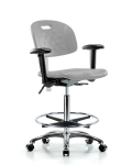 Class 100 Newport Industrial Polyurethane Clean Room Chair - High Bench Height with Adjustable Arms, Chrome Foot Ring, & Casters in Gray Polyurethane CLR-HPHBCH-CR-T0-A1-CF-CC-GRY