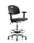 Class 100 Newport Industrial Polyurethane Clean Room Chair - High Bench Height with Adjustable Arms, Chrome Foot Ring, & Stationary Glides in Black Polyurethane CLR-HPHBCH-CR-T0-A1-CF-RG-BLK