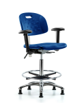Class 100 Newport Industrial Polyurethane Clean Room Chair - High Bench Height with Adjustable Arms, Chrome Foot Ring, & Stationary Glides in Blue Polyurethane CLR-HPHBCH-CR-T0-A1-CF-RG-BLU