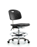 Class 10 Newport Industrial Polyurethane Clean Room Chair - Medium Bench Height with Chrome Foot Ring & Casters in Black Polyurethane CLR-HPMBCH-CR-T0-A0-CF-CC-BLK
