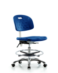 Class 10 Newport Industrial Polyurethane Clean Room Chair - Medium Bench Height with Chrome Foot Ring & Casters in Blue Polyurethane CLR-HPMBCH-CR-T0-A0-CF-CC-BLU