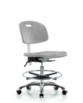 Class 10 Newport Industrial Polyurethane Clean Room Chair - Medium Bench Height with Chrome Foot Ring & Casters in Gray Polyurethane CLR-HPMBCH-CR-T0-A0-CF-CC-GRY
