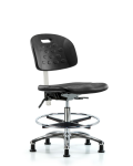 Class 10 Newport Industrial Polyurethane Clean Room Chair - Medium Bench Height with Chrome Foot Ring & Stationary Glides in Black Polyurethane CLR-HPMBCH-CR-T0-A0-CF-RG-BLK