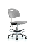 Class 10 Newport Industrial Polyurethane Clean Room Chair - Medium Bench Height with Chrome Foot Ring & Stationary Glides in Gray Polyurethane CLR-HPMBCH-CR-T0-A0-CF-RG-GRY