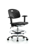 Class 100 Newport Industrial Polyurethane Clean Room Chair - Medium Bench Height with Adjustable Arms, Chrome Foot Ring, & Casters in Black Polyurethane CLR-HPMBCH-CR-T0-A1-CF-CC-BLK
