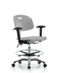 Class 100 Newport Industrial Polyurethane Clean Room Chair - Medium Bench Height with Adjustable Arms, Chrome Foot Ring, & Casters in Gray Polyurethane CLR-HPMBCH-CR-T0-A1-CF-CC-GRY