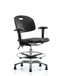 Class 100 Newport Ind Polyurethane Clean Room Chair - Medium Bench Height with Adjustable Arms, Chrome Foot Ring, & Stationary Glides in Black Polyurethane CLR-HPMBCH-CR-T0-A1-CF-RG-BLK