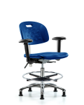 Class 100 Newport Ind Polyurethane Clean Room Chair - Medium Bench Height with Adjustable Arms, Chrome Foot Ring, & Stationary Glides in Blue Polyurethane CLR-HPMBCH-CR-T0-A1-CF-RG-BLU