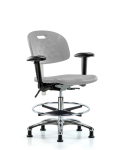 Class 100 Newport Ind Polyurethane Clean Room Chair - Medium Bench Height with Adjustable Arms, Chrome Foot Ring, & Stationary Glides in Gray Polyurethane CLR-HPMBCH-CR-T0-A1-CF-RG-GRY