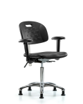 Class 100 Newport Industrial Polyurethane Clean Room Chair - Medium Bench Height with Adjustable Arms & Stationary Glides in Black Polyurethane CLR-HPMBCH-CR-T0-A1-NF-RG-BLK