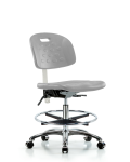 Class 100 Newport Industrial Polyurethane Clean Room Chair - Medium Bench Height with Seat Tilt, Chrome Foot Ring, & Casters in Gray Polyurethane CLR-HPMBCH-CR-T1-A0-CF-CC-GRY