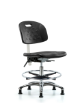 Class 100 Newport Industrial Polyurethane Clean Room Chair - Medium Bench Height with Seat Tilt, Chrome Foot Ring, & Stationary Glides in Black Polyurethane CLR-HPMBCH-CR-T1-A0-CF-RG-BLK