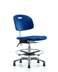 Class 100 Newport Industrial Polyurethane Clean Room Chair - Medium Bench Height with Seat Tilt, Chrome Foot Ring, & Stationary Glides in Blue Polyurethane CLR-HPMBCH-CR-T1-A0-CF-RG-BLU
