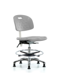 Class 100 Newport Industrial Polyurethane Clean Room Chair - Medium Bench Height with Seat Tilt, Chrome Foot Ring, & Stationary Glides in Gray Polyurethane CLR-HPMBCH-CR-T1-A0-CF-RG-GRY