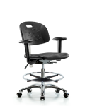 Class 100 Newport Ind Polyurethane Clean Room Chair - Medium Bench Height with Seat Tilt, Adjustable Arms, Chrome Foot Ring, & Casters in Black Polyurethane CLR-HPMBCH-CR-T1-A1-CF-CC-BLK