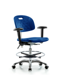 Class 100 Newport Ind Polyurethane Clean Room Chair - Medium Bench Height with Seat Tilt, Adjustable Arms, Chrome Foot Ring, & Casters in Blue Polyurethane CLR-HPMBCH-CR-T1-A1-CF-CC-BLU