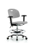 Class 100 Newport Ind Polyurethane Clean Room Chair - Medium Bench Height with Seat Tilt, Adjustable Arms, Chrome Foot Ring, & Casters in Gray Polyurethane CLR-HPMBCH-CR-T1-A1-CF-CC-GRY