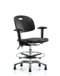 CL100 Newport Ind Polyurethane Clean Room Chair - Medium Bench Height with Seat Tilt, Adj Arms, Chrome Foot Ring, & Stationary Glides in Black Polyurethane CLR-HPMBCH-CR-T1-A1-CF-RG-BLK