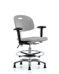 CL100 Newport Ind Polyurethane Clean Room Chair - Medium Bench Height with Seat Tilt, Adj Arms, Chrome Foot Ring, & Stationary Glides in Gray Polyurethane CLR-HPMBCH-CR-T1-A1-CF-RG-GRY