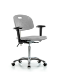Class 100 Newport Industrial Polyurethane Clean Room Chair - Medium Bench Height with Seat Tilt, Adjustable Arms, & Casters in Gray Polyurethane CLR-HPMBCH-CR-T1-A1-NF-CC-GRY