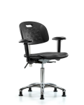 Class 100 Newport Industrial Polyurethane Clean Room Chair - Medium Bench Height with Seat Tilt, Adjustable Arms, & Stationary Glides in Black Polyurethane CLR-HPMBCH-CR-T1-A1-NF-RG-BLK