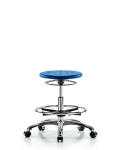 Class 10 Huron Polyurethane Clean Room Stool - Medium Bench Height with Chrome Foot Ring & Casters in Blue Polyurethane CLR-IPMBSO-CR-CF-CC-BLU