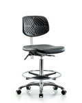 Class 10 Polyurethane Clean Room Chair - High Bench Height with Chrome Foot Ring & Casters in Black Polyurethane CLR-PHBCH-CR-CF-CC-BLK