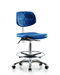 Class 10 Polyurethane Clean Room Chair - High Bench Height with Chrome Foot Ring & Casters in Blue Polyurethane CLR-PHBCH-CR-CF-CC-BLU