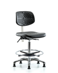 Class 10 Polyurethane Clean Room Chair - High Bench Height with Chrome Foot Ring & Stationary Glides in Black Polyurethane CLR-PHBCH-CR-CF-RG-BLK