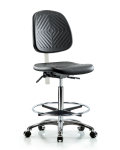 Class 10 Polyurethane Clean Room Chair - High Bench Height with Medium Back, Chrome Foot Ring, & Casters in Black Polyurethane CLR-PHBCH-MB-CR-CF-CC-BLK