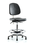 Class 10 Polyurethane Clean Room Chair - High Bench Height with Medium Back, Chrome Foot Ring, & Stationary Glides in Black Polyurethane CLR-PHBCH-MB-CR-CF-RG-BLK