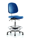 Class 10 Polyurethane Clean Room Chair - High Bench Height with Medium Back, Chrome Foot Ring, & Stationary Glides in Blue Polyurethane CLR-PHBCH-MB-CR-CF-RG-BLU