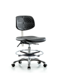 Class 10 Polyurethane Clean Room Chair - Medium Bench Height with Chrome Foot Ring & Casters in Black Polyurethane CLR-PMBCH-CR-CF-CC-BLK