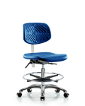 Class 10 Polyurethane Clean Room Chair - Medium Bench Height with Chrome Foot Ring & Casters in Blue Polyurethane CLR-PMBCH-CR-CF-CC-BLU