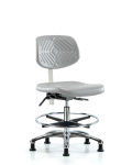 Class 10 Polyurethane Clean Room Chair - Medium Bench Height with Chrome Foot Ring & Stationary Glides in Gray Polyurethane CLR-PMBCH-CR-CF-RG-GRY