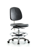 Class 10 Polyurethane Clean Room Chair - Medium Bench Height with Medium Back, Chrome Foot Ring, & Casters in Black Polyurethane CLR-PMBCH-MB-CR-CF-CC-BLK