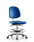 Class 10 Polyurethane Clean Room Chair - Medium Bench Height with Medium Back, Chrome Foot Ring, & Casters in Blue Polyurethane CLR-PMBCH-MB-CR-CF-CC-BLU