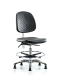 Class 10 Polyurethane Clean Room Chair - Medium Bench Height with Medium Back, Chrome Foot Ring, & Stationary Glides in Black Polyurethane CLR-PMBCH-MB-CR-CF-RG-BLK